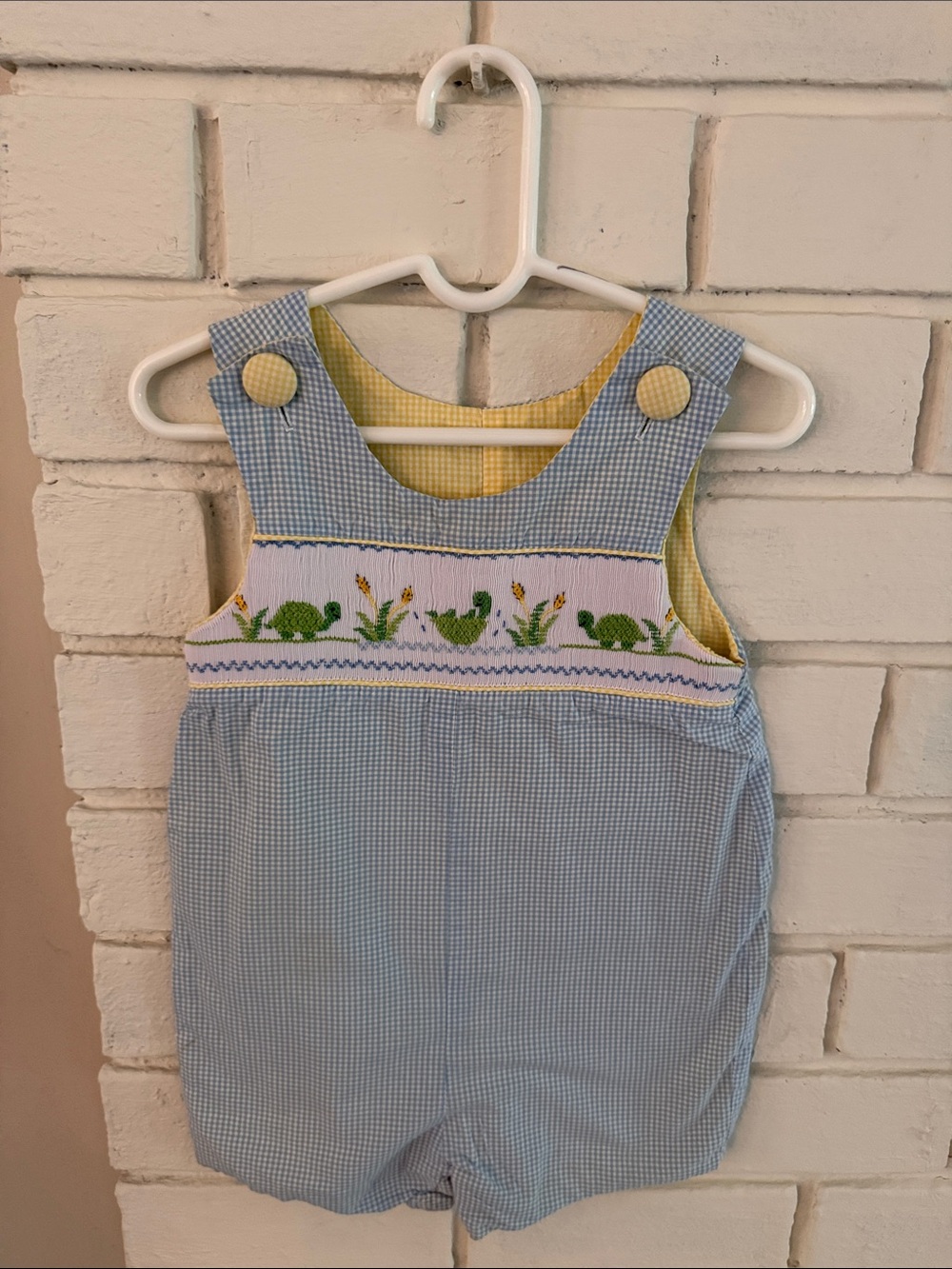 Blue Gingham Baby Romper with Yellow Trim